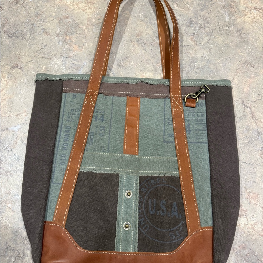 Myra Bag Green and Brown Canvas Tote